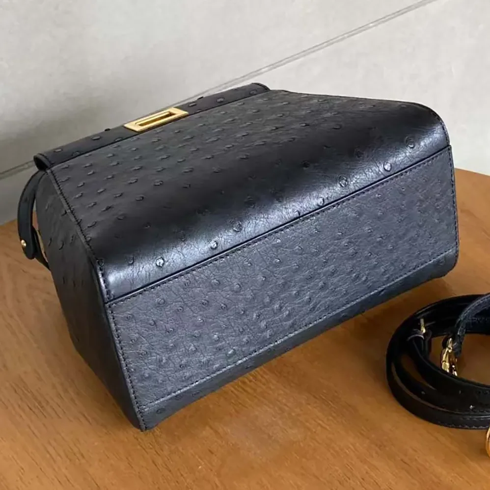 Fendi Peekaboo Iconic Mini Black Ostrich Leather Bag for Women