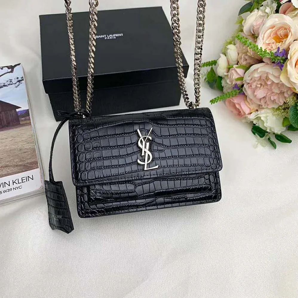 Saint Laurent YSL Sunset Medium Crocodile Embossed Shiny for Women in Black