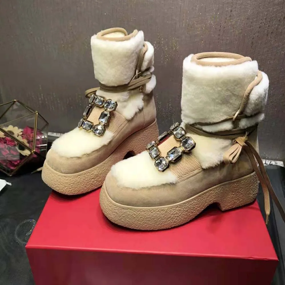 Roger Vivier Viv' Rangers Strass Buckle Flatform Booties in Suede for Women in Beige Roger Vivier Viv' Rangers Strass Buckle Flatform Booties in Suede for Women in Beige