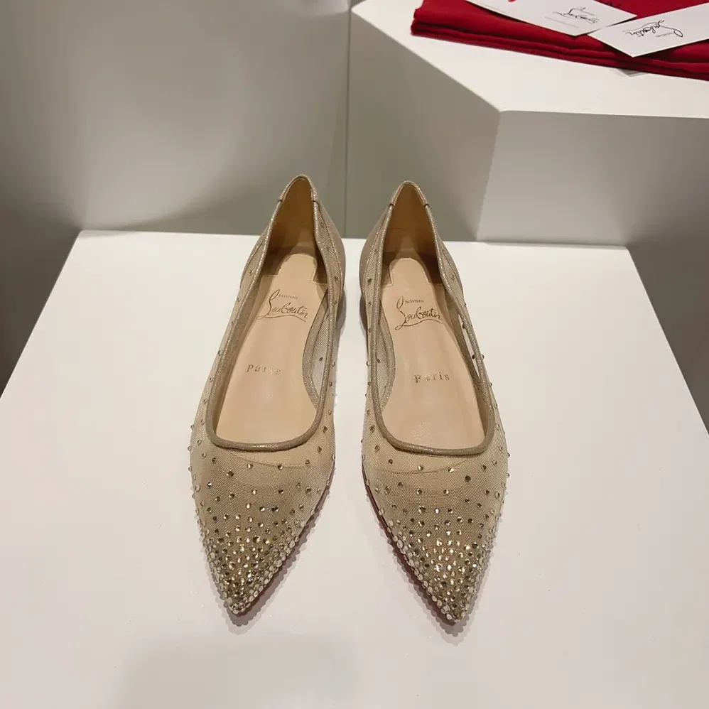 Christian Louboutin Follies Strass Ballerinas Mesh and Suede for Women in Beige Christian Louboutin Follies Strass Ballerinas Mesh and Suede for Women in Beige