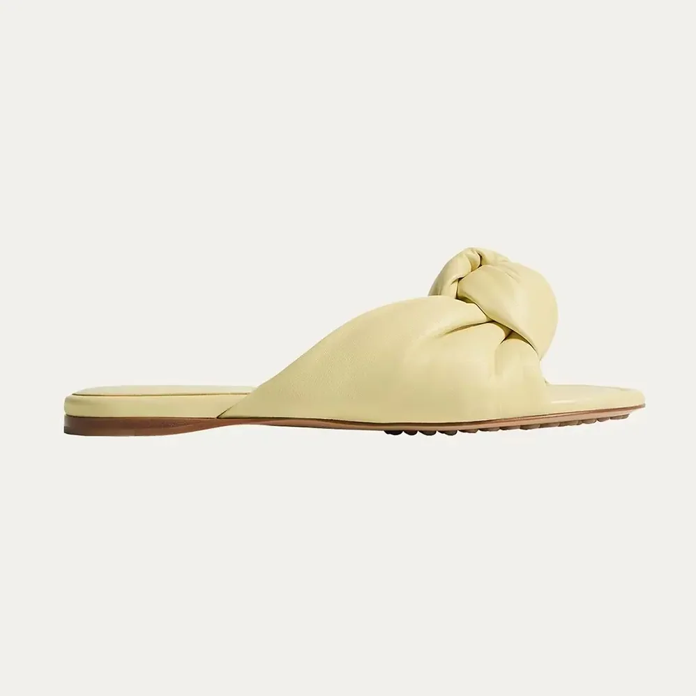 Bottega Veneta Lagoon Nappa Leather Knotted Flat Slide Sandals Yellow for Women Bottega Veneta Lagoon Nappa Leather Knotted Flat Slide Sandals Yellow for Women