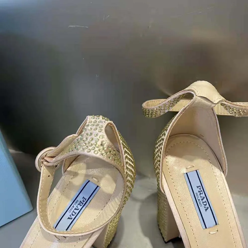 Prada Satin Platform Sandals with Crystals for Women in Gold