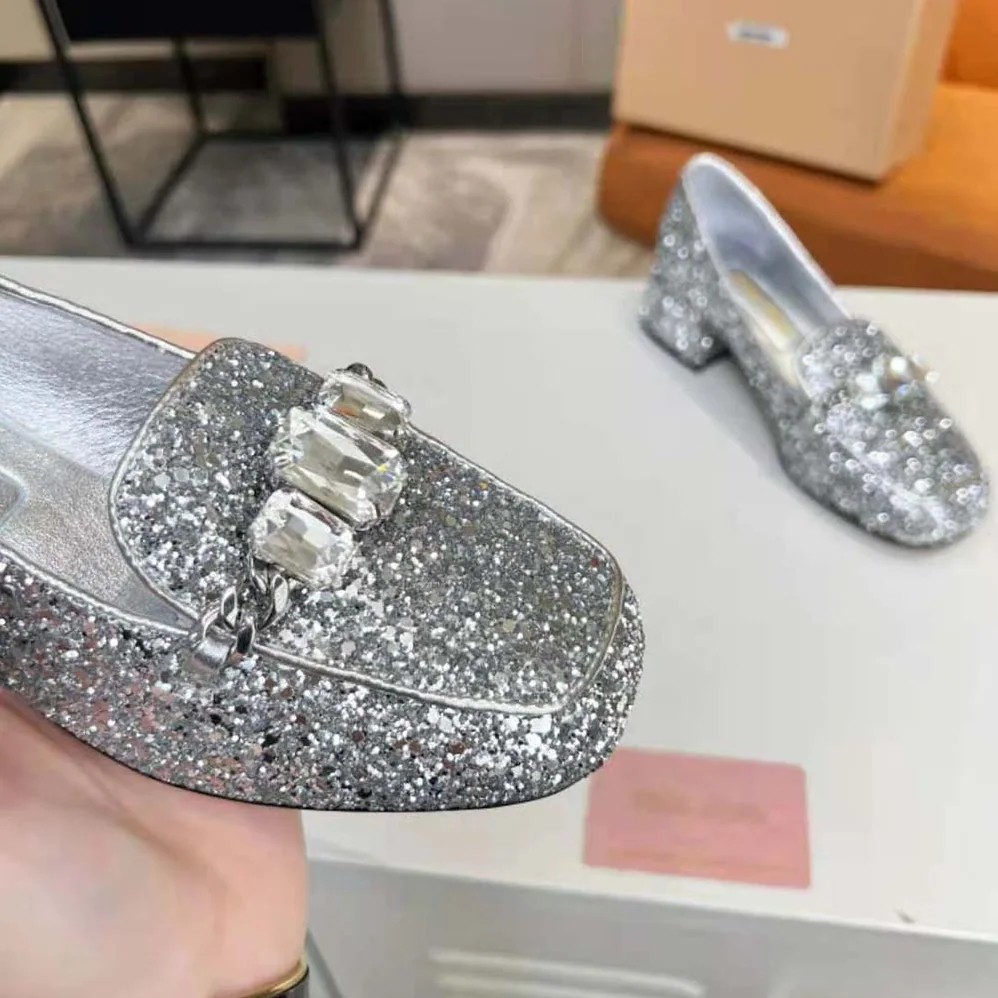 Miu Miu Glitter Fabric Loafers with Fabric Logo Label for Women Miu Miu Glitter Fabric Loafers with Fabric Logo Label for Women