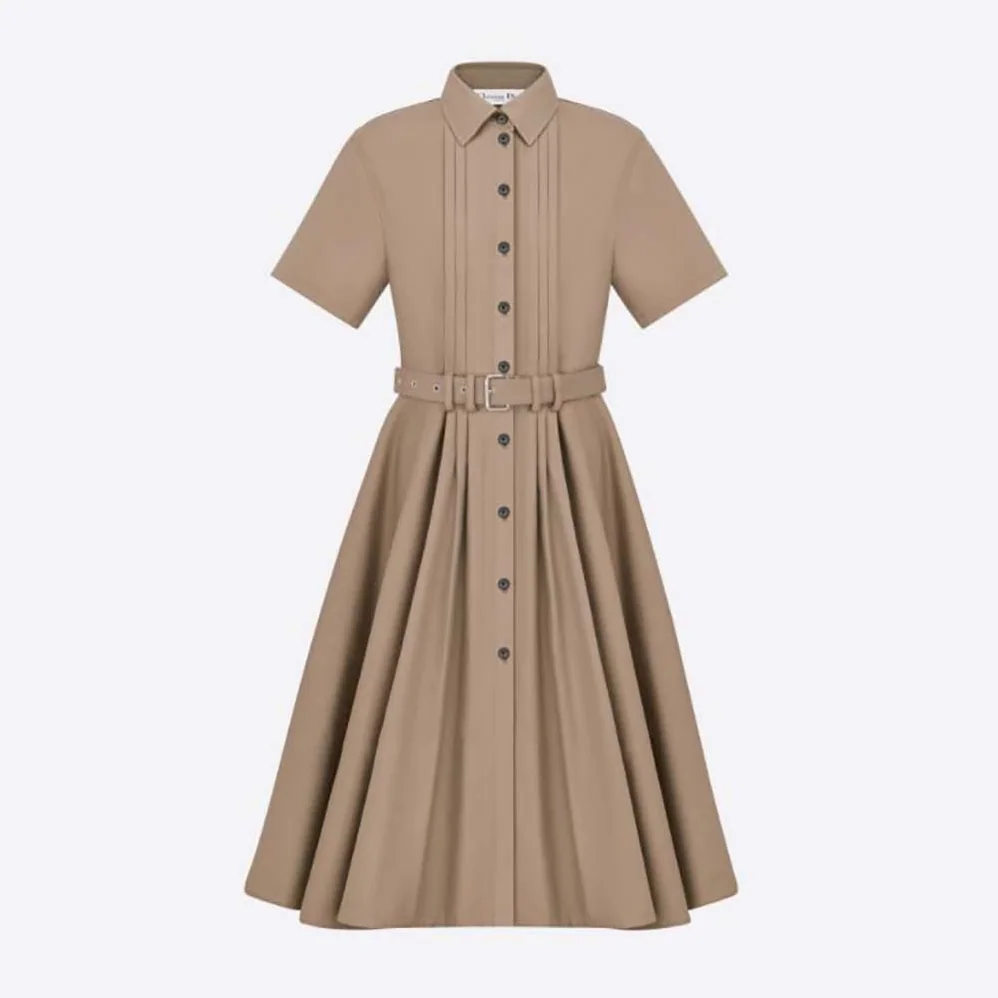 Dior Mid-Length Belted Pleated Dress Beige Technical Cotton Gabardine for Women