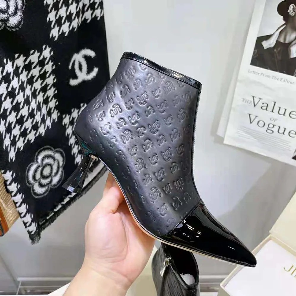 Jimmy Choo Kix/Z 65 Black Patent and JC Monogram Leather Ankle Boots for Women