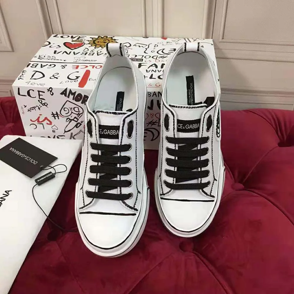 Dolce Gabbana D&G Hand-painted Canvas Portofino Light Sneakers for Women in White Dolce Gabbana D&G Hand-painted Canvas Portofino Light Sneakers for Women in White
