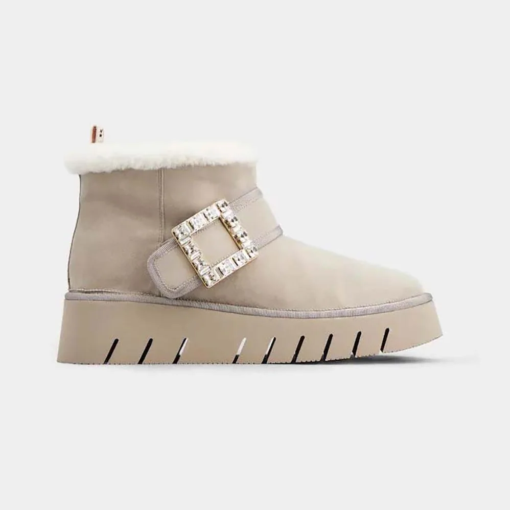 Roger Vivier Viv' Winter Fur Strass Buckle Ankle Boots in Suede for Women in Beige Roger Vivier Viv' Winter Fur Strass Buckle Ankle Boots in Suede for Women in Beige