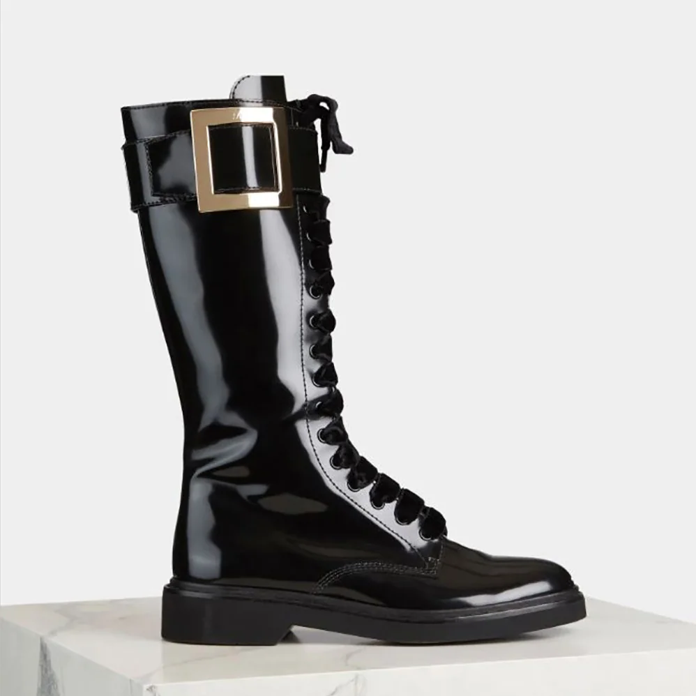 Roger Vivier Rangers Lace Up Metal Buckle Boots in Leather for Women