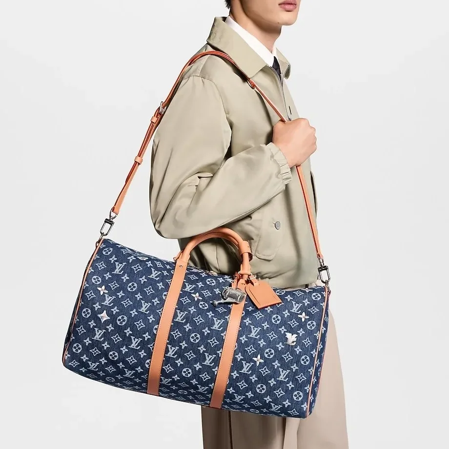 Louis Vuitton Keepall Bandouliere 50 Travel Bag in Blue Denim Silver Hardware