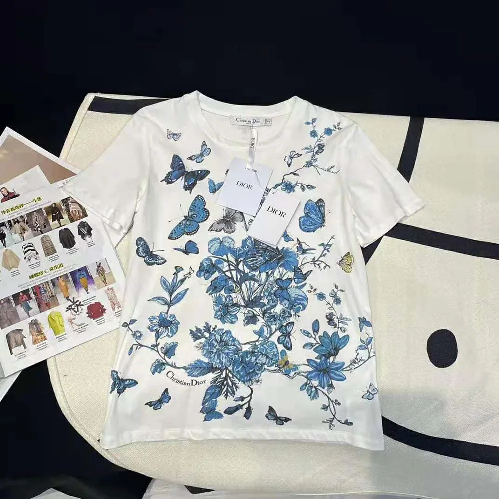 Dior T-Shirt White Cotton Jersey with Pastel Midnight Blue Toile de Jouy Mexico Motif for Women Dior T-Shirt White Cotton Jersey with Pastel Midnight Blue Toile de Jouy Mexico Motif for Women
