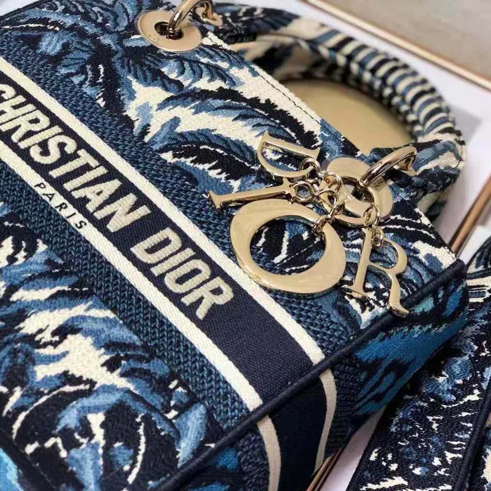 Dior Medium Lady D-lite Bag Blue Dior Palms Embroidery for Women