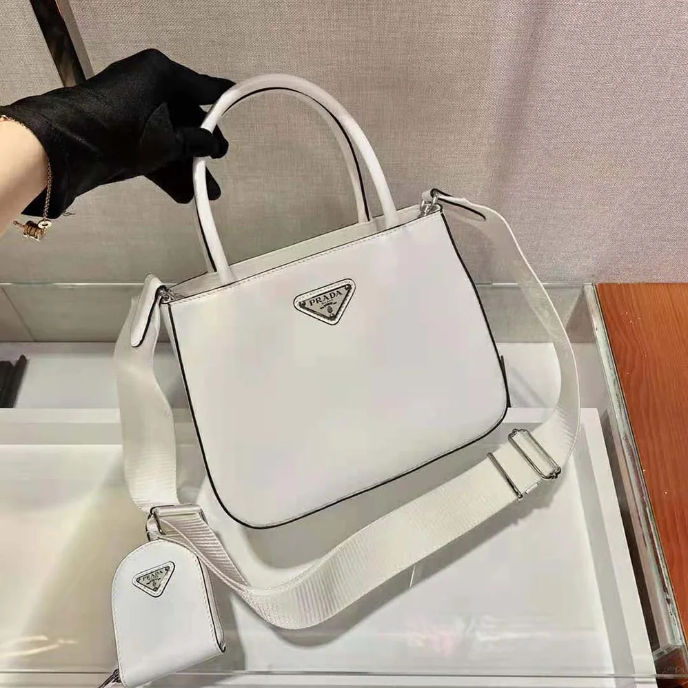 Prada Brushed Leather Handbag Nylon Lining for Women in White