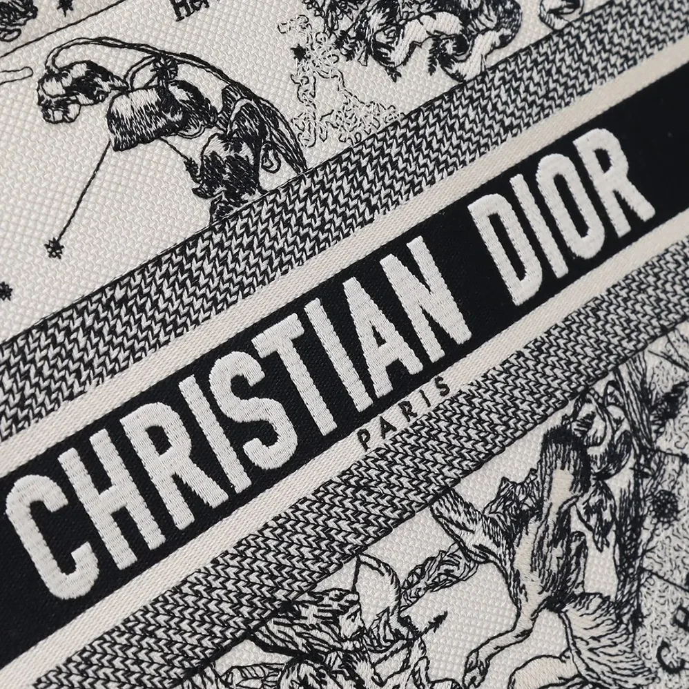 Dior Medium Dior Book Tote Latte and Black Dior Zodiac Embroidery with Black Calfskin for Women