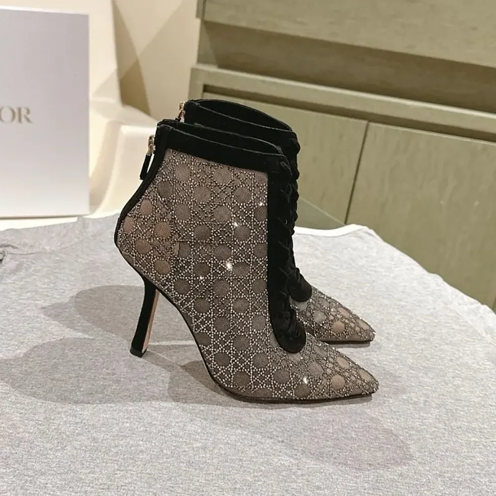 Dior Naughtily-D Heeled Ankle Boot Transparent Mesh for Women in Black