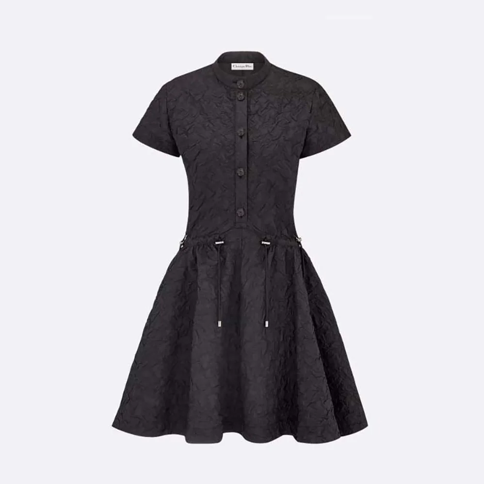 Dior Short Flared Dress Black Matte Cloqué for Women in Effect Technical Fabric Dior Short Flared Dress Black Matte Cloqué for Women in Effect Technical Fabric