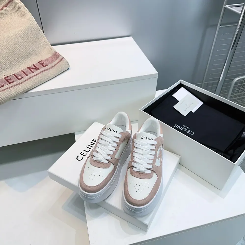 Celine Block Wedge Sneaker With Triomphe Patch In Calfskin And Suede Calfskin for Women in Pink