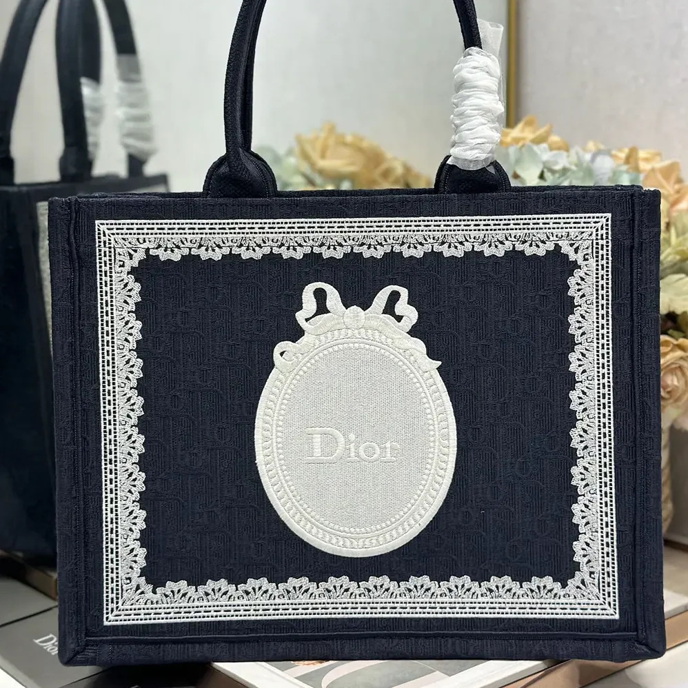 Dior Medium Dior Book Tote with Strap Celestial Blue Dior Oblique Embroidery with White Lace and Dior Médaillon for Wome Dior Medium Dior Book Tote with Strap Celestial Blue Dior Oblique Embroidery with White Lace and Dior Médaillon for Wome