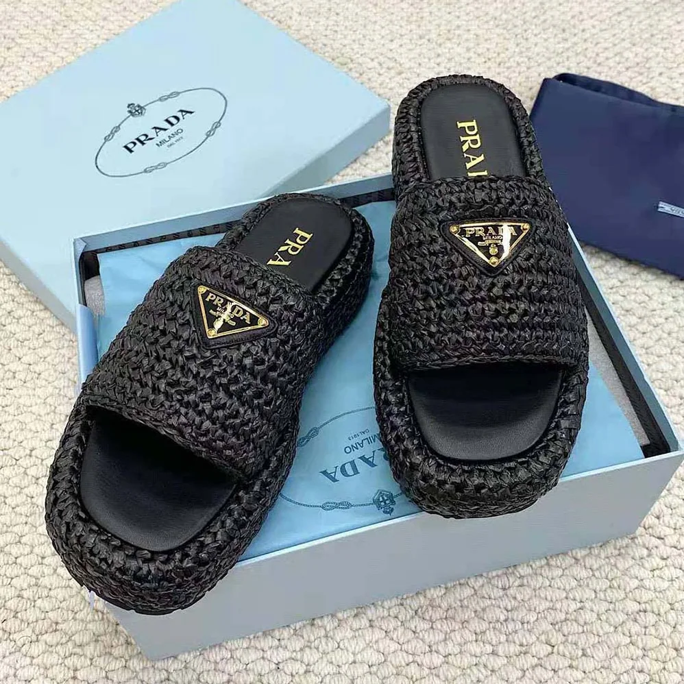 Prada Crochet Flatform Slides with Enameled Metal Triangle Logo for Women in Black Prada Crochet Flatform Slides with Enameled Metal Triangle Logo for Women in Black
