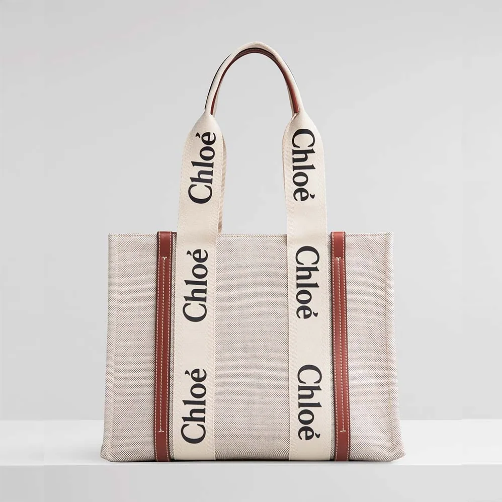 Chloe Medium Woody Tote Bag in Cotton Canvas and Shiny Calfskin with Woody Ribbo for Women in Brown Chloe Medium Woody Tote Bag in Cotton Canvas and Shiny Calfskin with Woody Ribbo for Women in Brown
