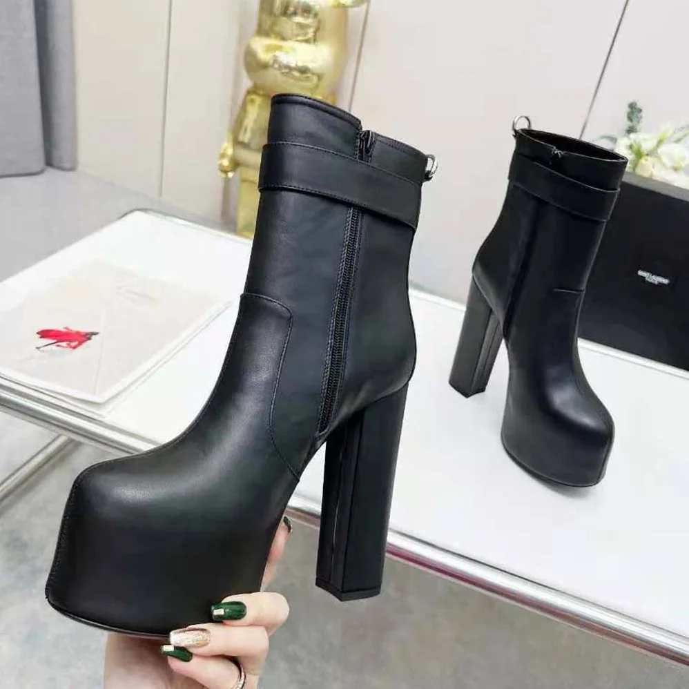 Saint Laurent YSL Cherry Buckle Platform Booties in Smooth Leather for Women
