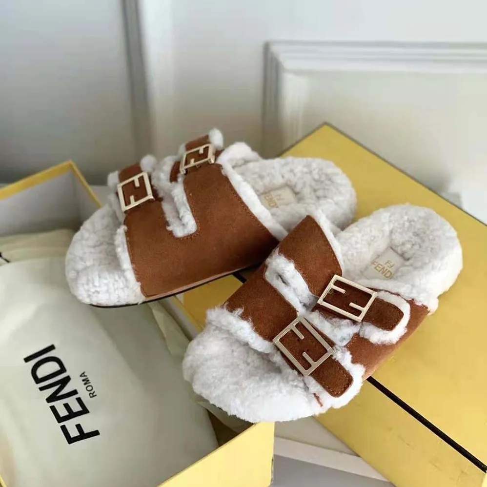 Fendi Feel White Sheepskin Slides for Women
