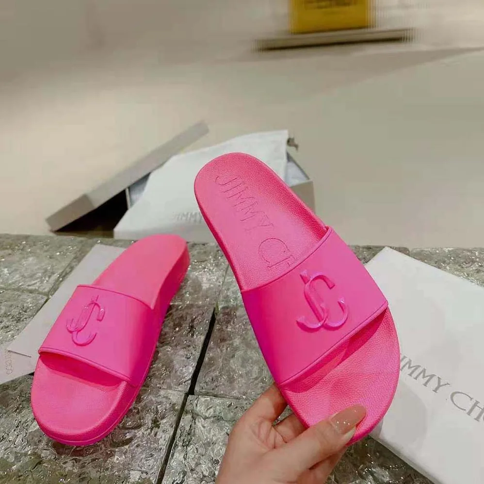 Jimmy Choo Port/F Neon Pink Rubber Slides with JC Monogram for Women Jimmy Choo Port/F Neon Pink Rubber Slides with JC Monogram for Women
