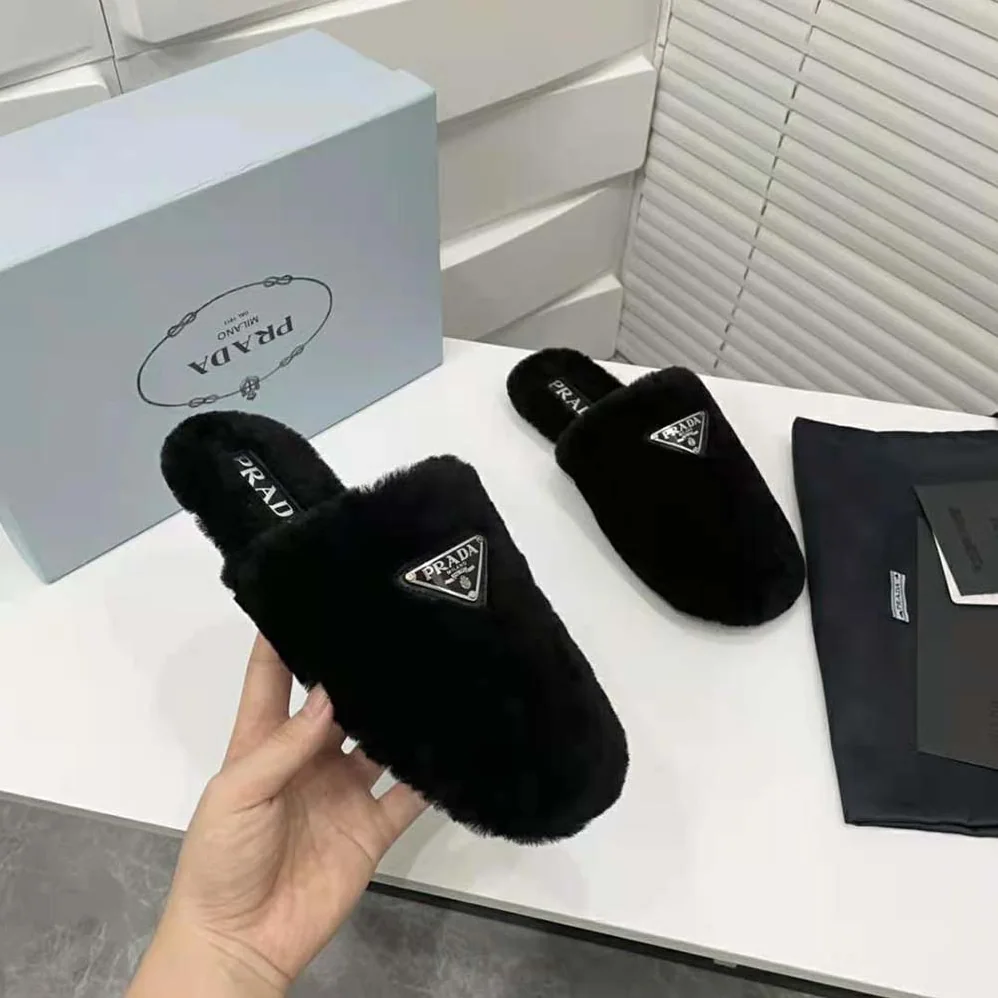 Prada Shearling Sabots The Enameled Triangle Logo for Women