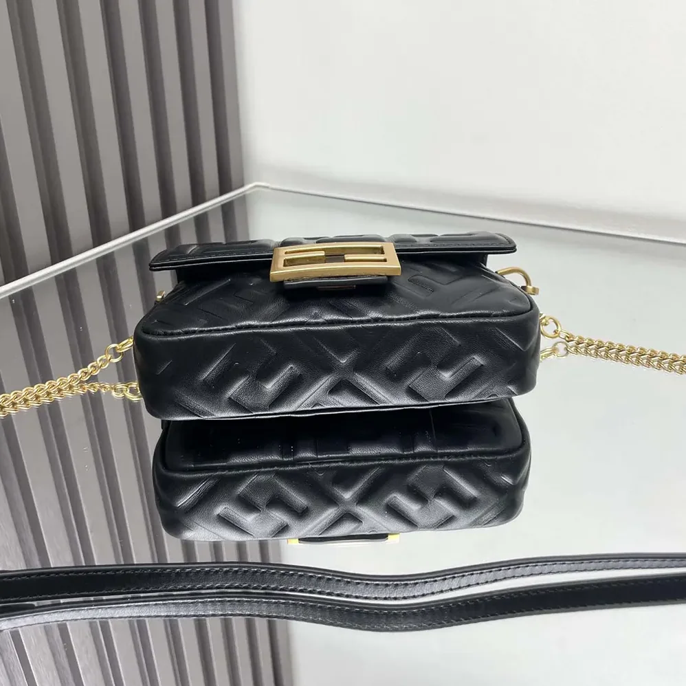 Fendi Baguette Mini Black Nappa Leather Bag with FF Motif for Women Fendi Baguette Mini Black Nappa Leather Bag with FF Motif for Women