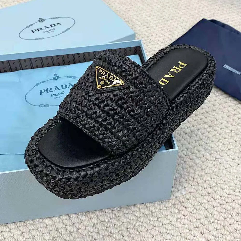 Prada Crochet Flatform Slides with Enameled Metal Triangle Logo for Women in Black Prada Crochet Flatform Slides with Enameled Metal Triangle Logo for Women in Black