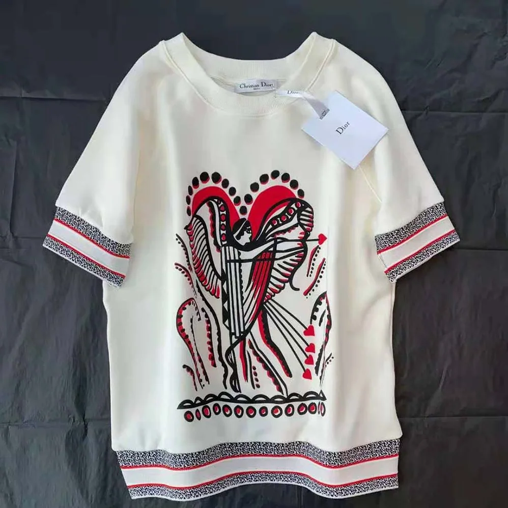 Dior Short-Sleeved Sweatshirt White Cotton Jersey with Multicolor Cupidon Motif for Women