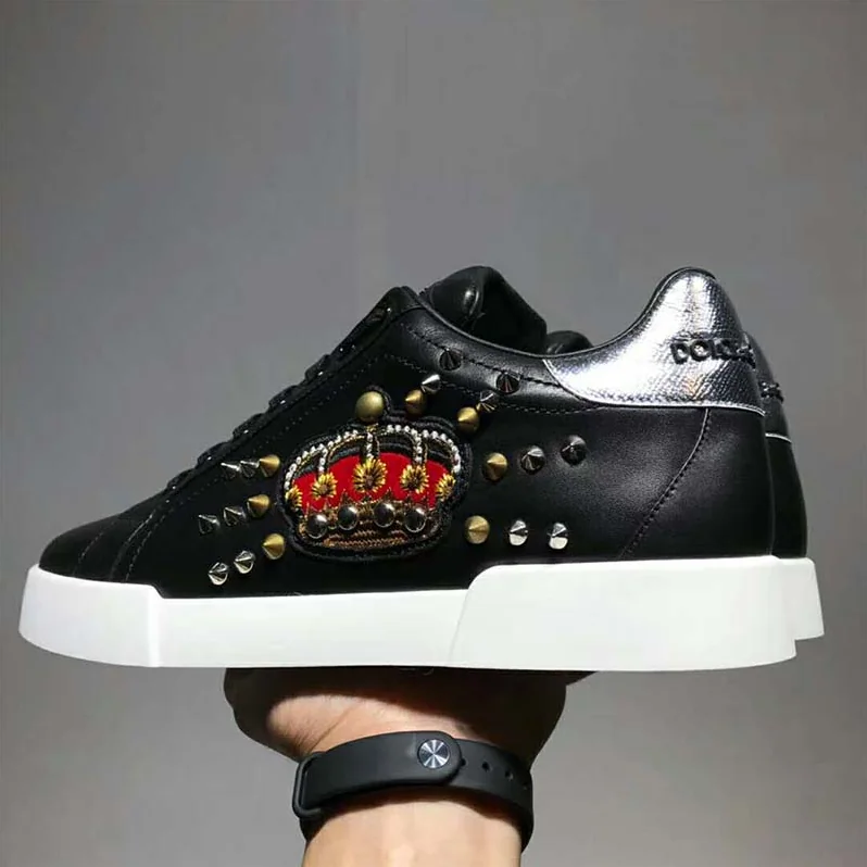 Dolce Gabbana D&G Shoes Calfskin Portofino Sneakers With Patch for Men in Black