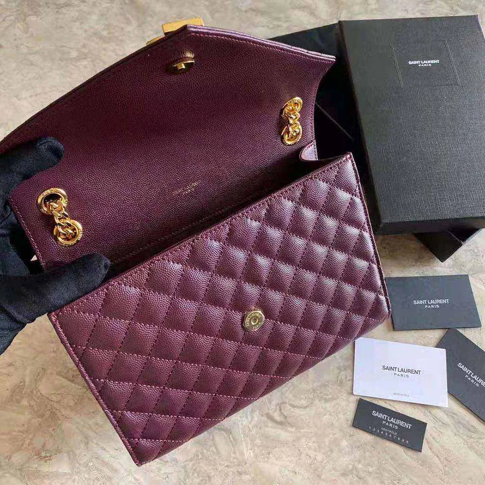 Saint Laurent YSL Envelope Medium Bag in Mix Matelasse Grain DE Poudre Embossed Leather for Women in Maroon
