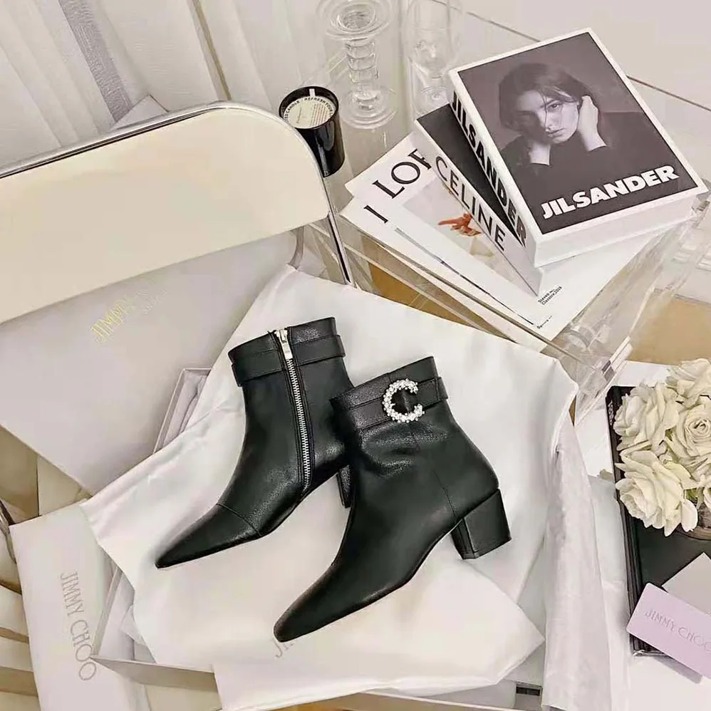 Jimmy Choo Myan 45 Black Smooth Leather Ankle Boots with Crystal Buckle for Women