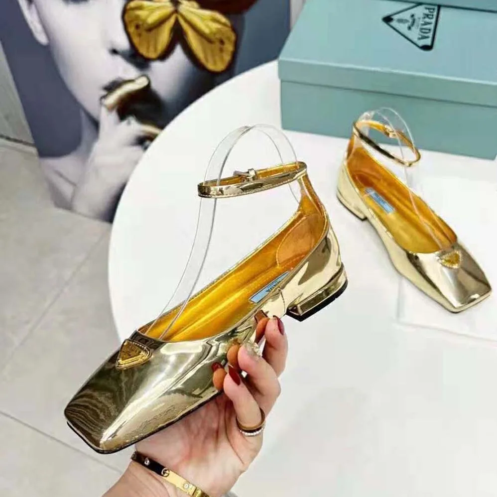 Prada Metallic Leather Ballerinas for Women in Gold