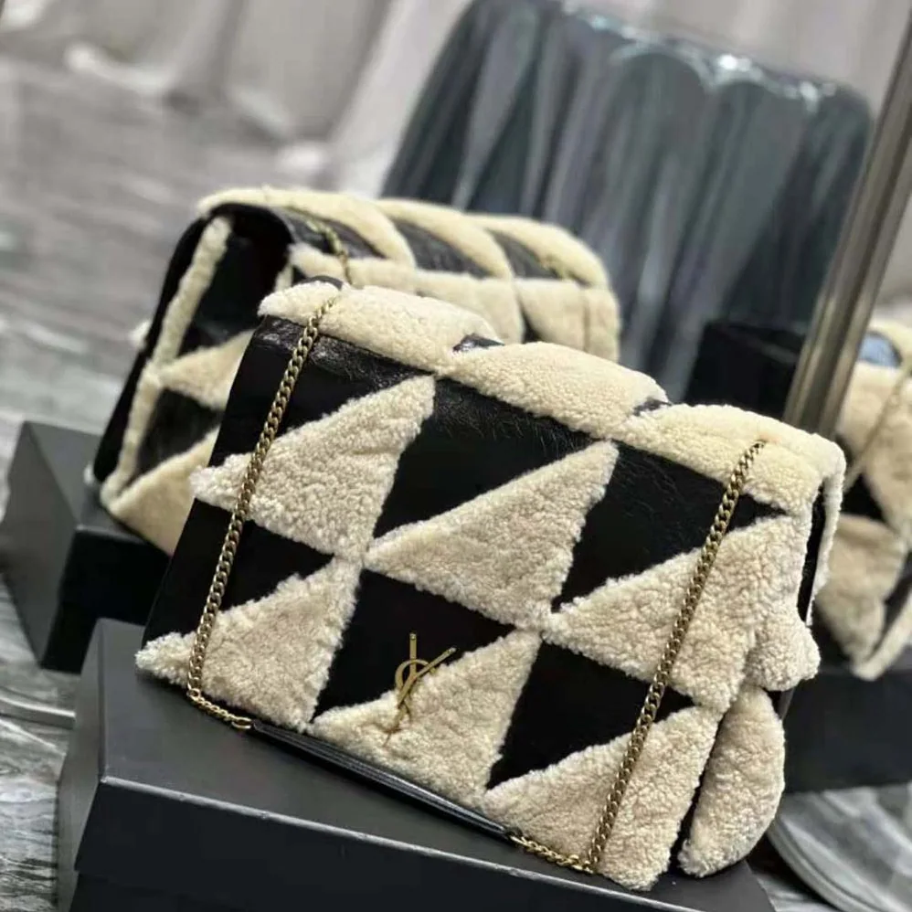 Saint Laurent YSL Jamie Giant Chain Bag “Carré Rive Gauche” in Suede and Shearling Patchwork for Women in Black Saint Laurent YSL Jamie Giant Chain Bag “Carré Rive Gauche” in Suede and Shearling Patchwork for Women in Black