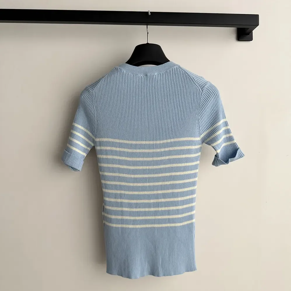 Dior Dioriviera Short-Sleeved Fitted Sweater Sky Blue and White D for Women in Stripes Ribbed Cotton Knit