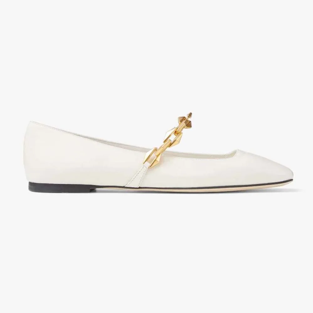 Jimmy Choo Diamond Tilda Flat Black Nappa Leather Flats with Chain for Women in White