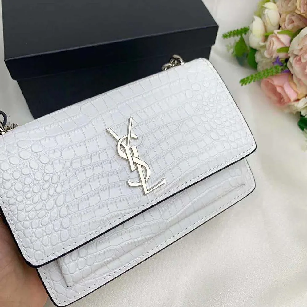 Saint Laurent YSL Sunset Medium Crocodile Embossed Shiny for Women in White Saint Laurent YSL Sunset Medium Crocodile Embossed Shiny for Women in White