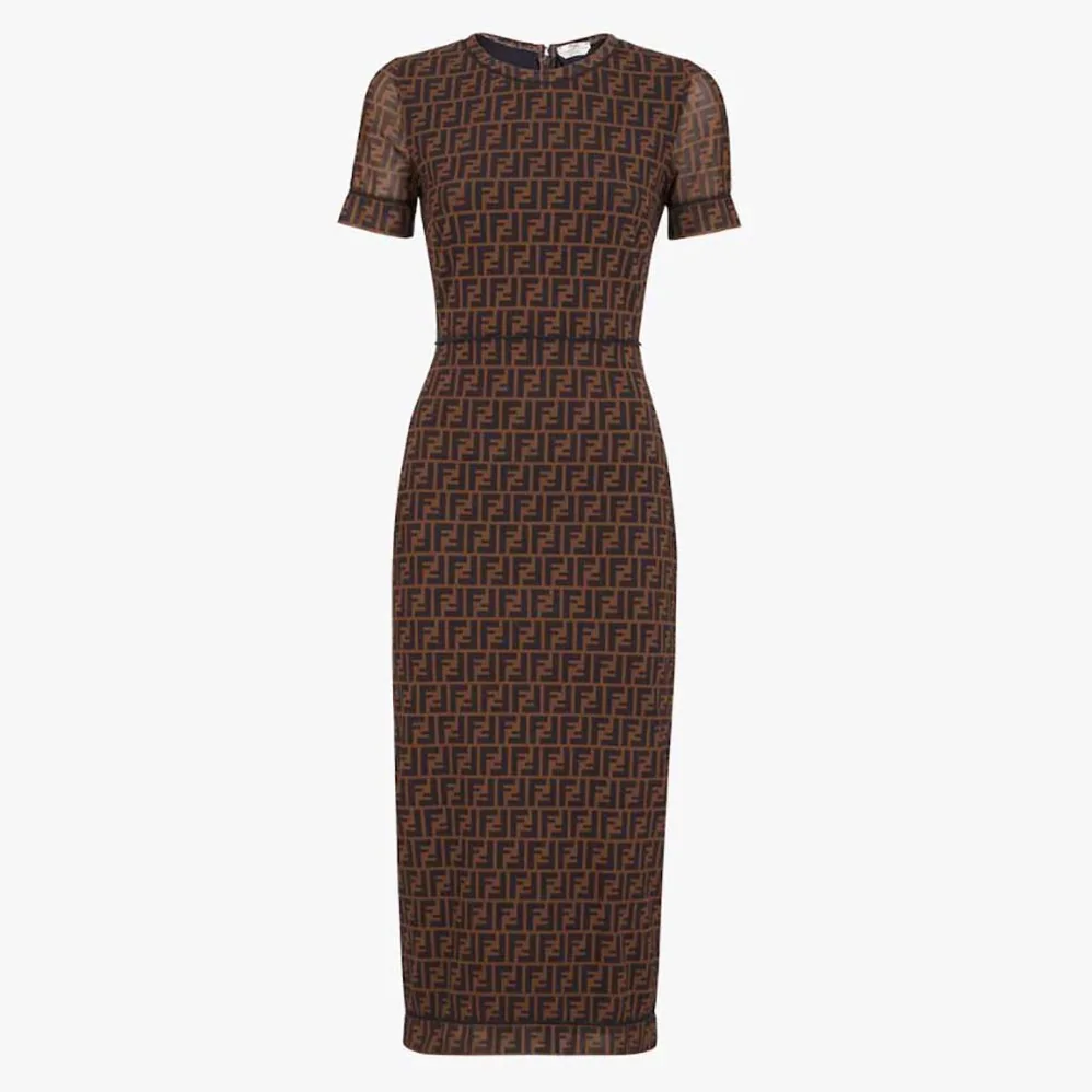Fendi Brown Micro Mesh Dress with Pared for Women in Down Silhouette