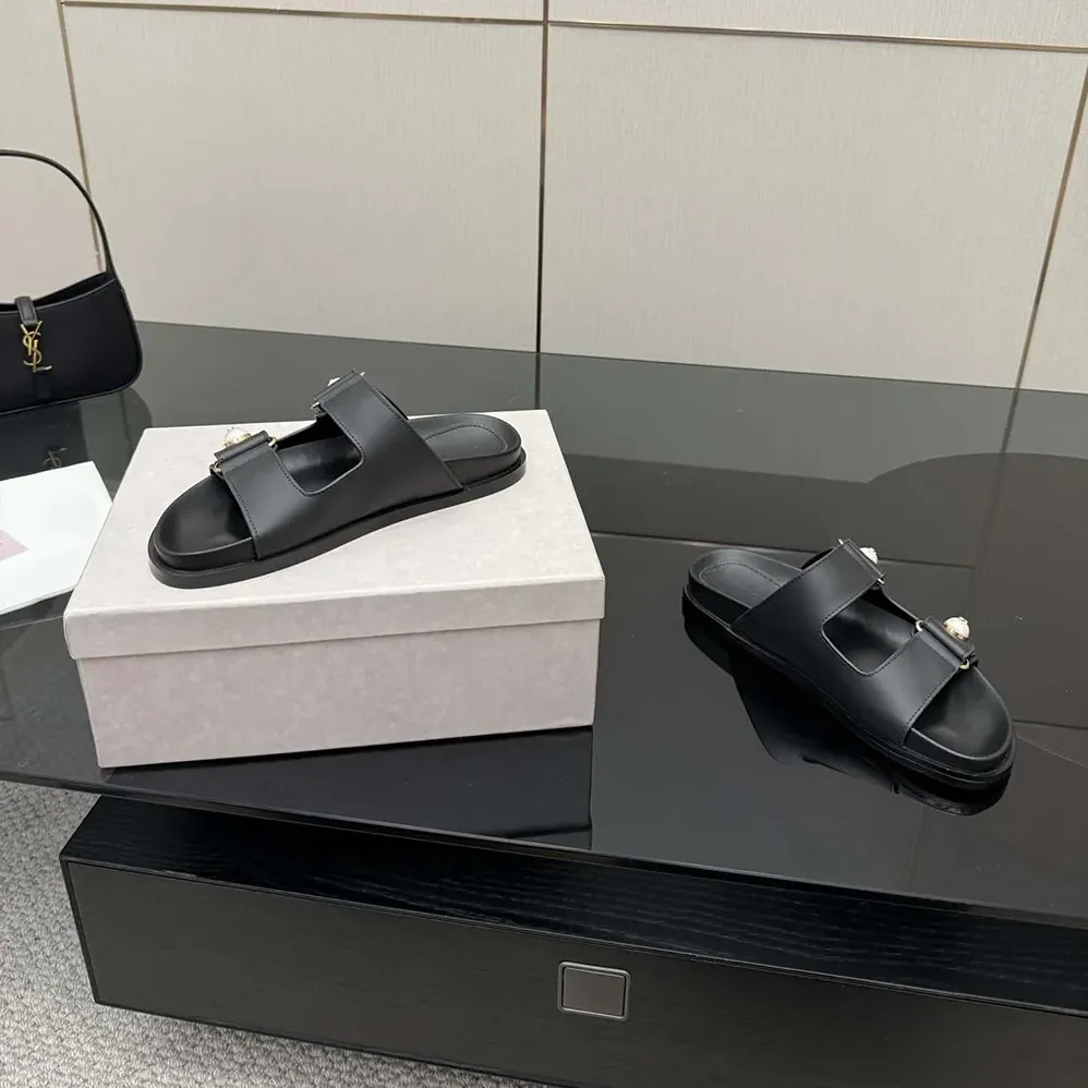 Jimmy Choo Fayence Sandal Black Leather Flat Sandals with Pearl Embellishment for Women
