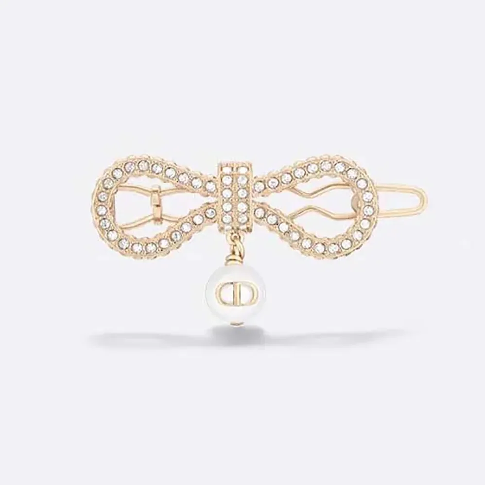 Dior Le Nœud de Dior Barrette Champagne-Finish Metal with a White Resin Pearl for Women