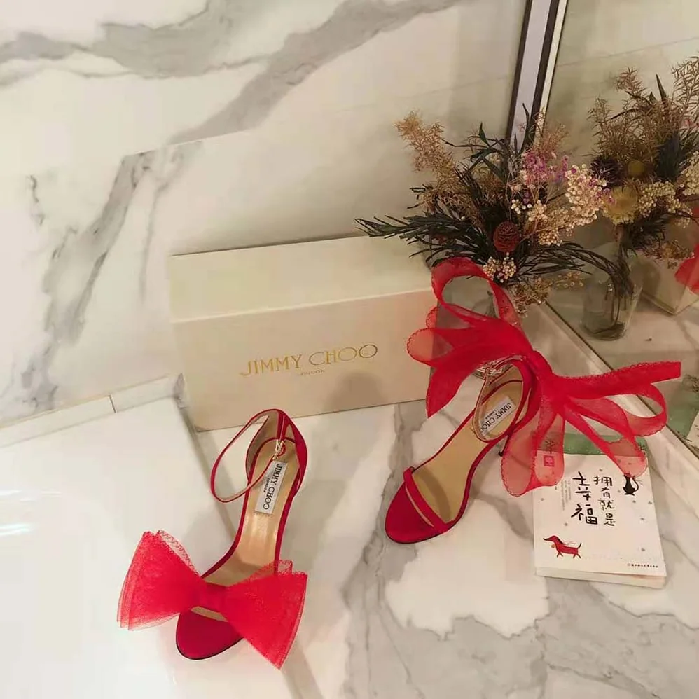 Jimmy Choo Aveline 100 Red Sandals with Asymmetric Grosgrain Mesh Fascinator Bows for Women Jimmy Choo Aveline 100 Red Sandals with Asymmetric Grosgrain Mesh Fascinator Bows for Women