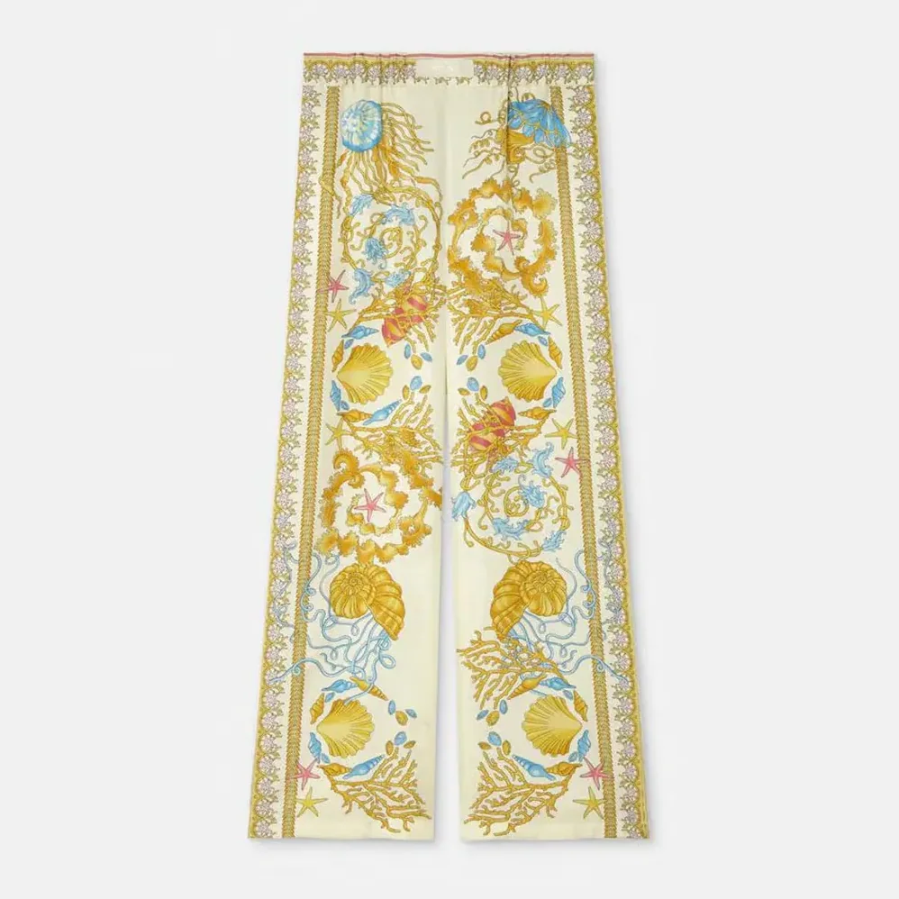 Versace Underwater Barocco Silk Pants for Women in Yellow