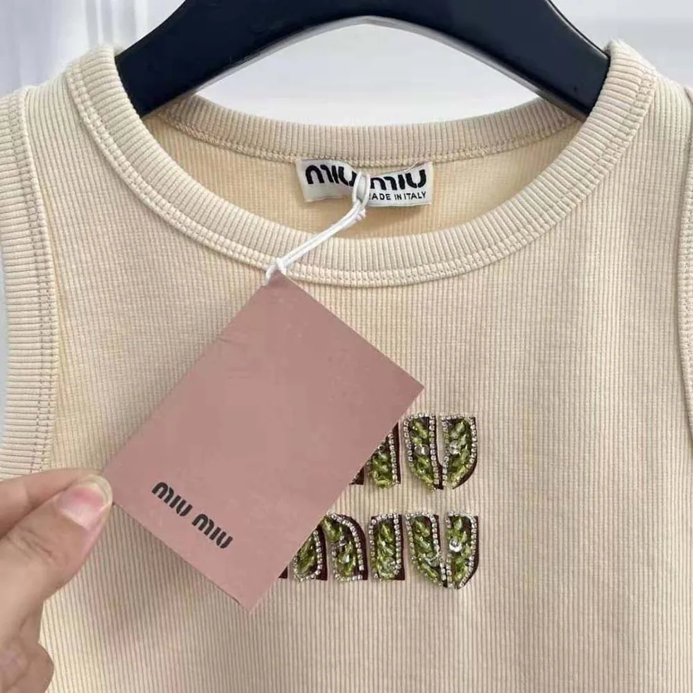 Miu Miu Ribbed Jersey Top with Embroidered Logo for Women in Beige