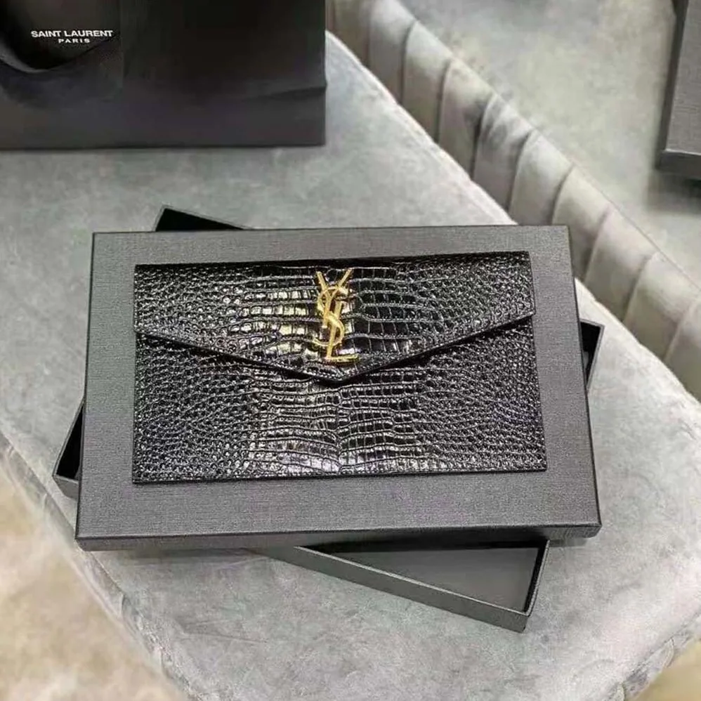 Saint Laurent YSL Uptown Pouch in Crocodile Embossed Shiny Leather for Women in Black