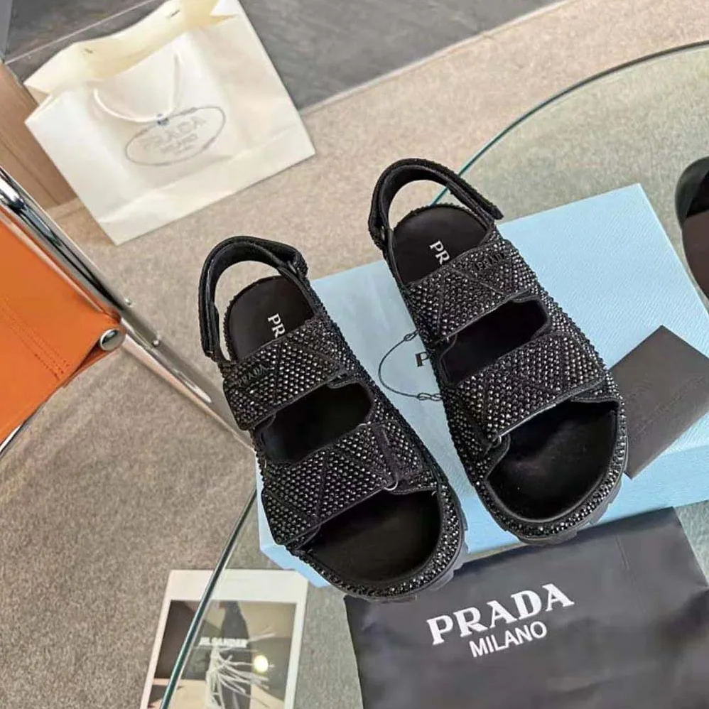Prada Satin Sandals with Crystals for Women in Black Prada Satin Sandals with Crystals for Women in Black