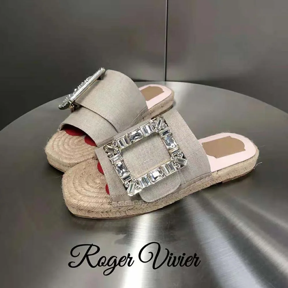Roger Vivier Strass Buckle Espadrille Mules in Soft Leather for Women Roger Vivier Strass Buckle Espadrille Mules in Soft Leather for Women