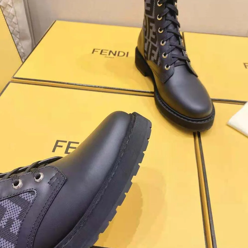 Fendi Rockoko Black Leather Biker Boots with Stretch Fabric for Women