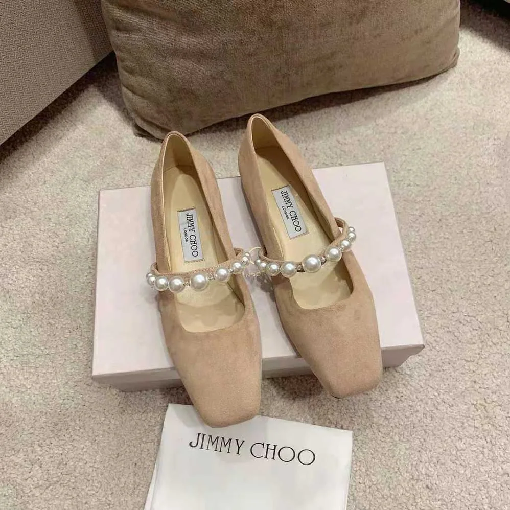 Jimmy Choo ADE Flat Ballet Pink Suede Flats with Pearl Embellishment for Women
