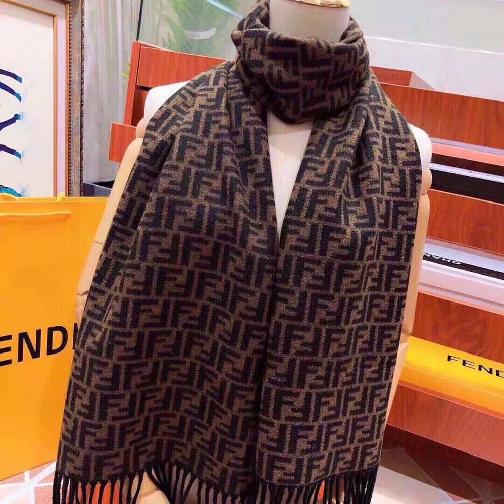 Fendi Brown Wool Scarf with Fringing for Women